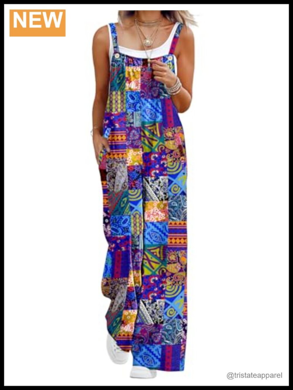 Wide Leg Bib Jumpsuit Sleeveless Square Neck Adjustable Straps Pockets Boho